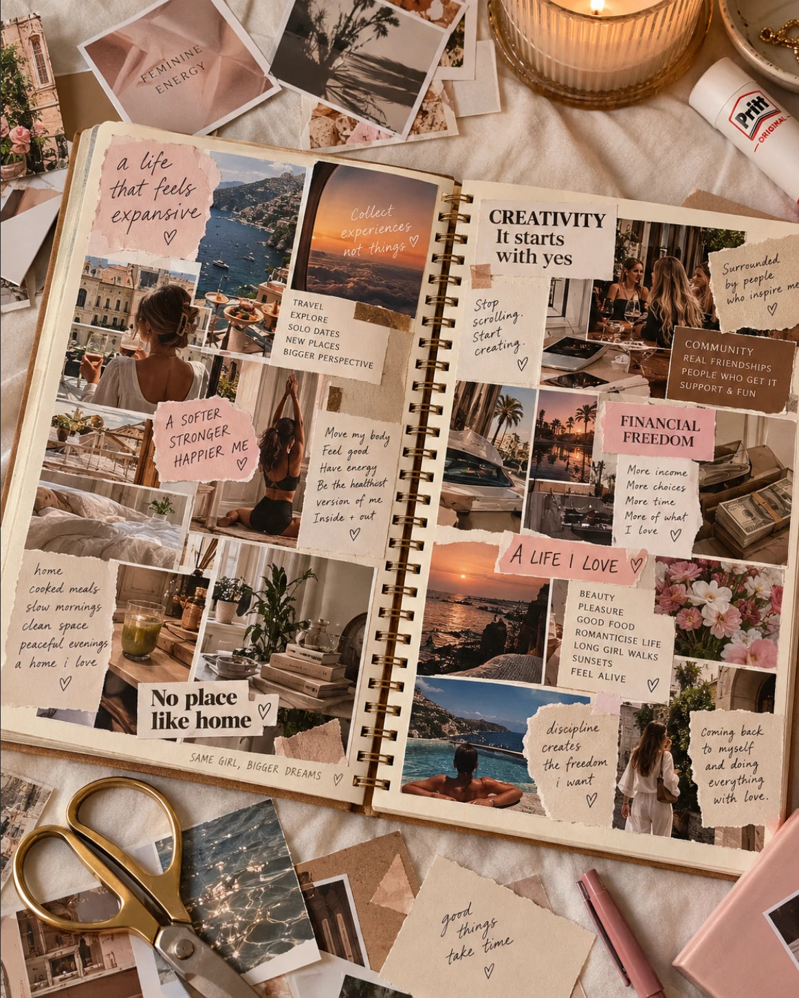 A finished Vision Book, open on a table and surrounded by cut-out photographs, magazines and handwritten notes.